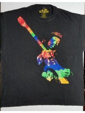 Jimi Hendrix Psychedelic Neon Guitar Graphic Rock Icons Black Tee Shirt Men's XL
